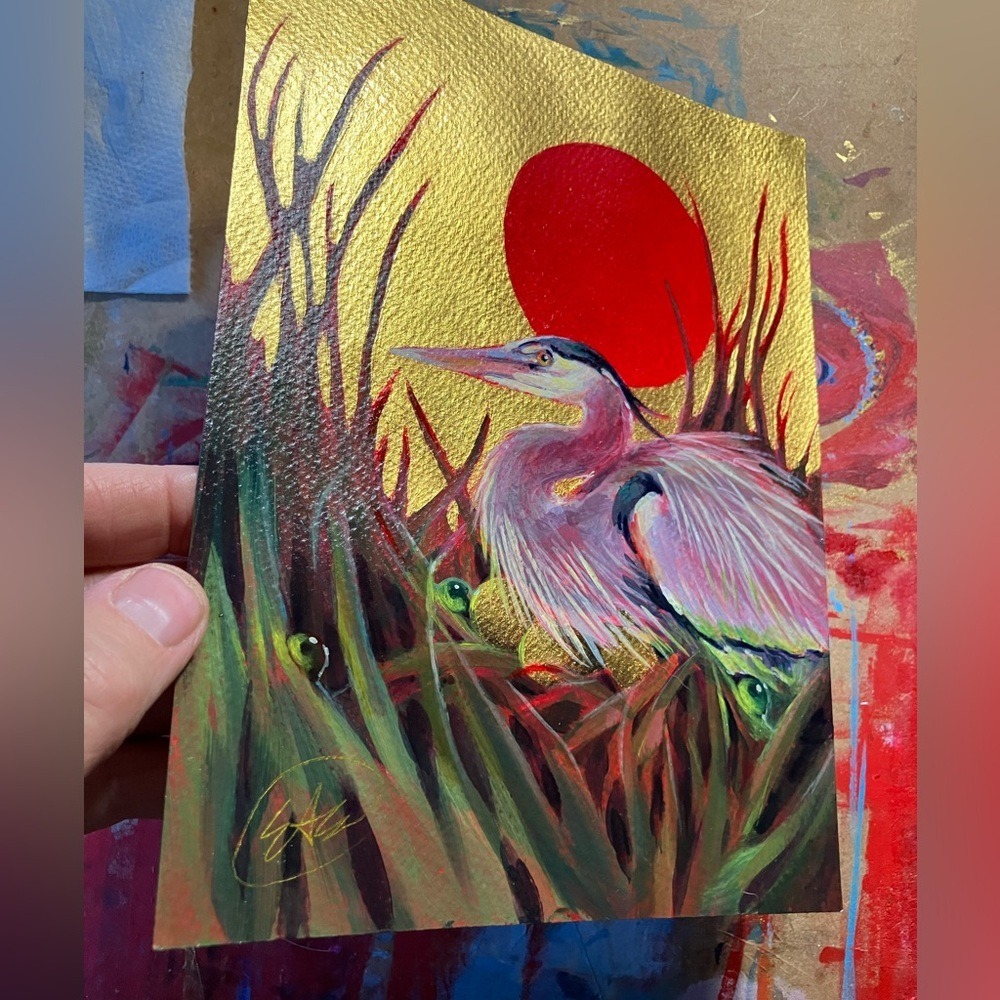 ORIGINAL blue Heron Painting Gold accents Mixed Media 2026 artettina Signed USA - Picture 3 of 8